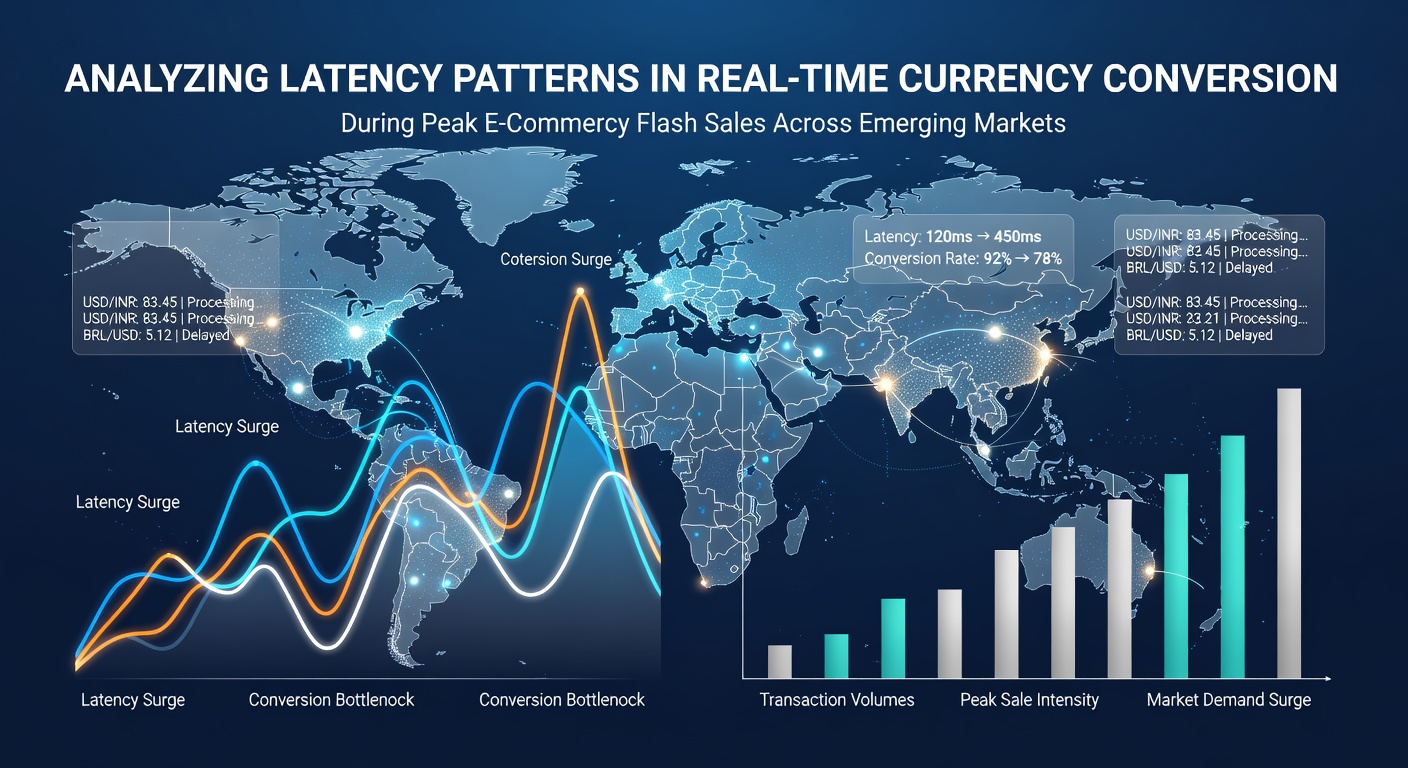 Network latency visualization showing currency conversion delays across emerging market regions during high-traffic e-commerce events