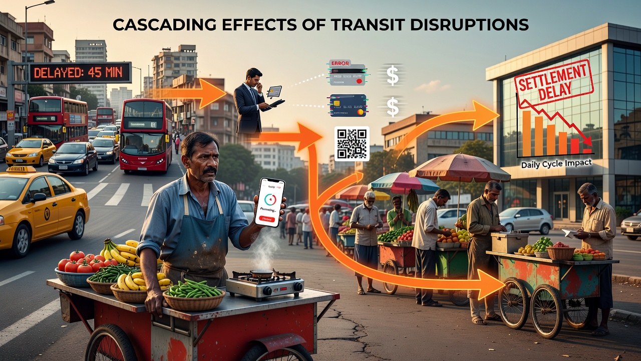 Urban street vendors navigating crowded city streets during a transit delay, with payment terminals in use