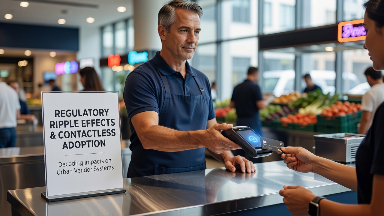 Urban food market vendors using contactless payment terminals amid city regulations