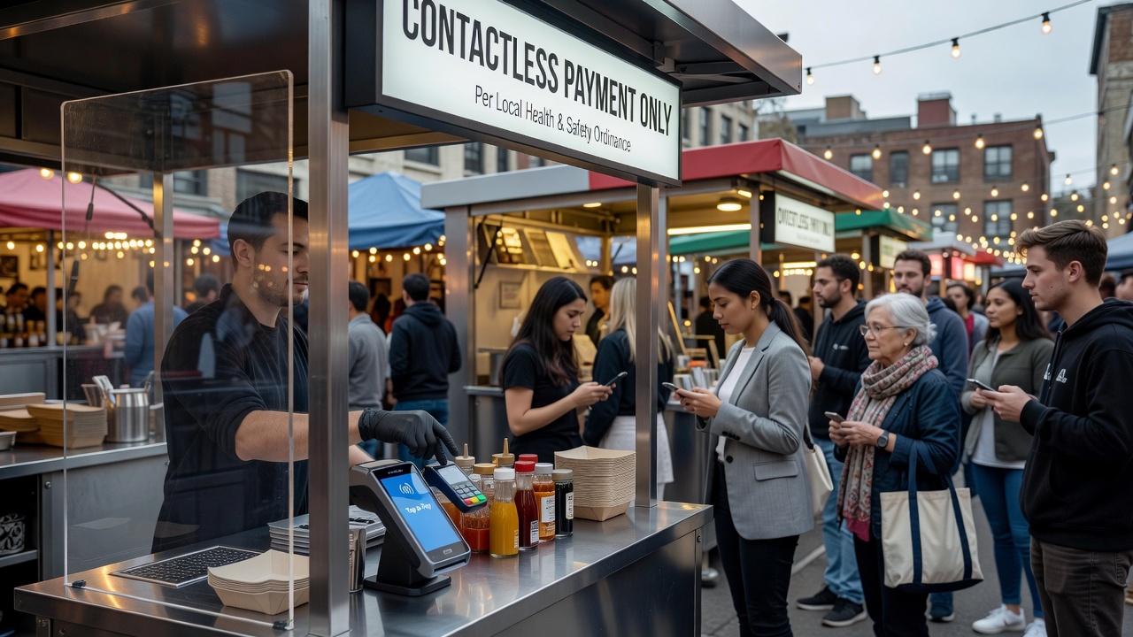 Contactless payment adoption at a busy urban farmers market with regulatory signage visible