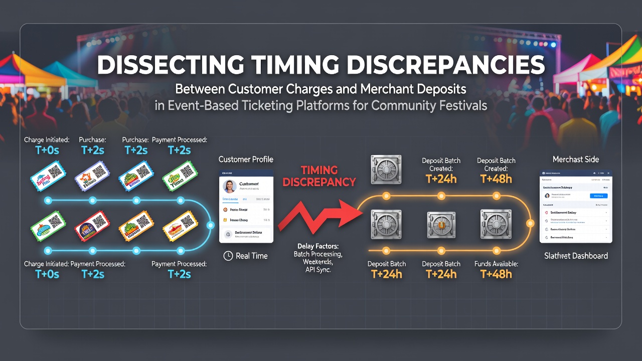 Flow diagram illustrating the gap between customer charges and merchant deposits in festival ticketing platforms