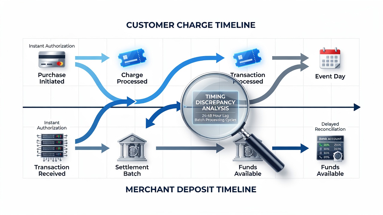 Chart comparing customer charge timestamps with merchant deposit arrivals across multiple festival events