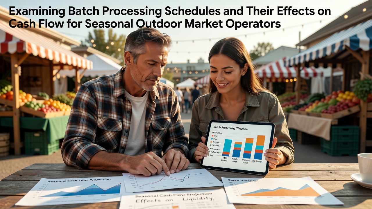 Seasonal outdoor market vendors processing card payments at stalls with batch settlement timelines illustrated