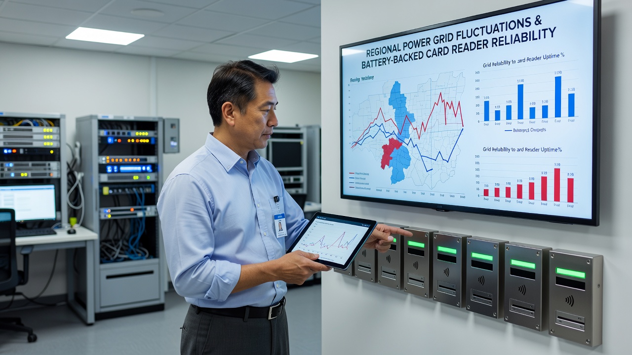 Technician inspecting battery connections on a card reader unit used in a fishing supply depot