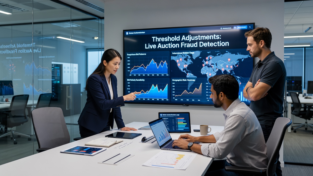 Data dashboard displaying fraud score distributions and threshold adjustment logs across multiple international bidder cohorts