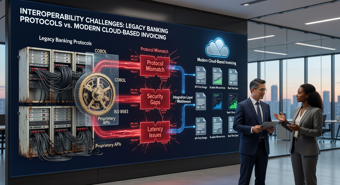 Consultant reviewing invoice data flows between outdated bank interfaces and cloud software