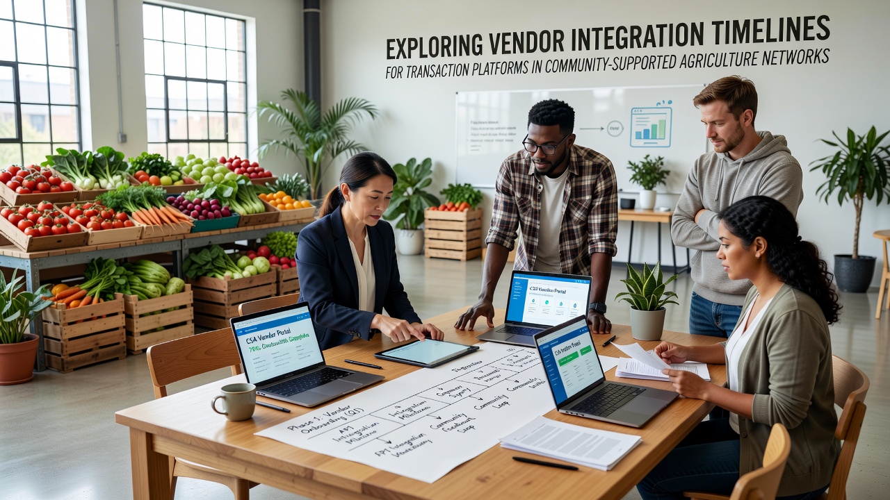 CSA farm vendors coordinating transaction platform setups with network coordinators during seasonal planning sessions