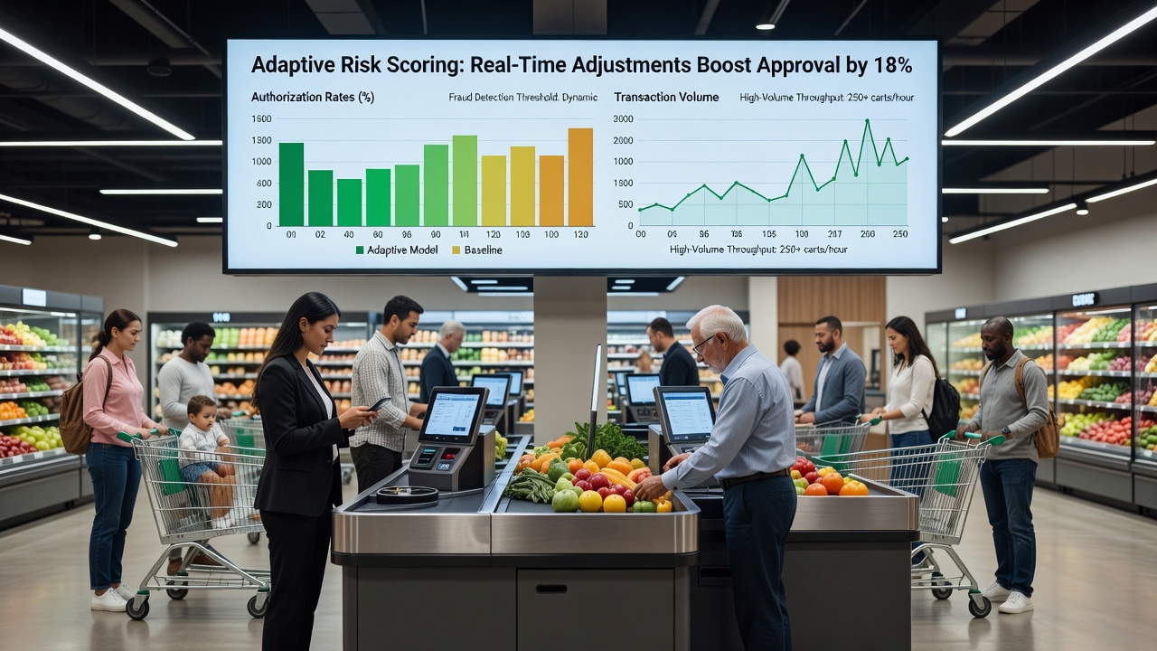 Grocery checkout lane with payment terminal processing transactions in real time