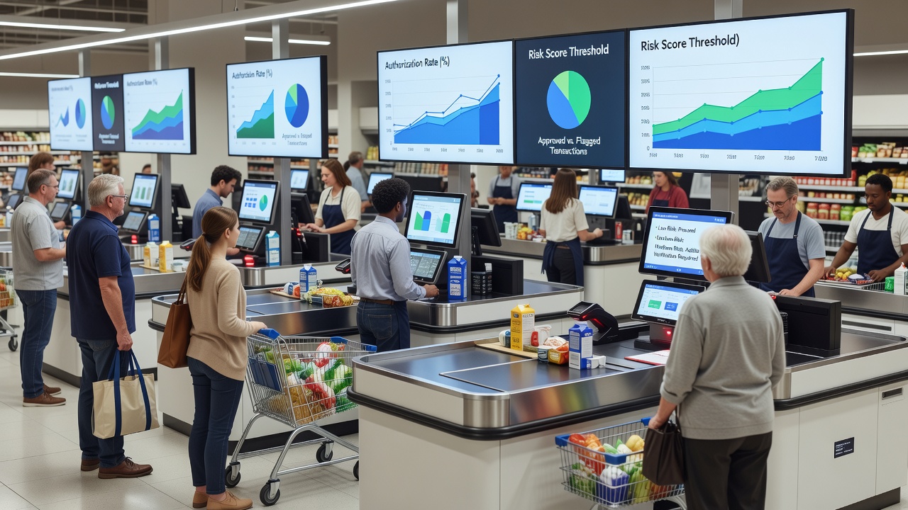 Checkout associate assisting customer while payment system processes authorization request