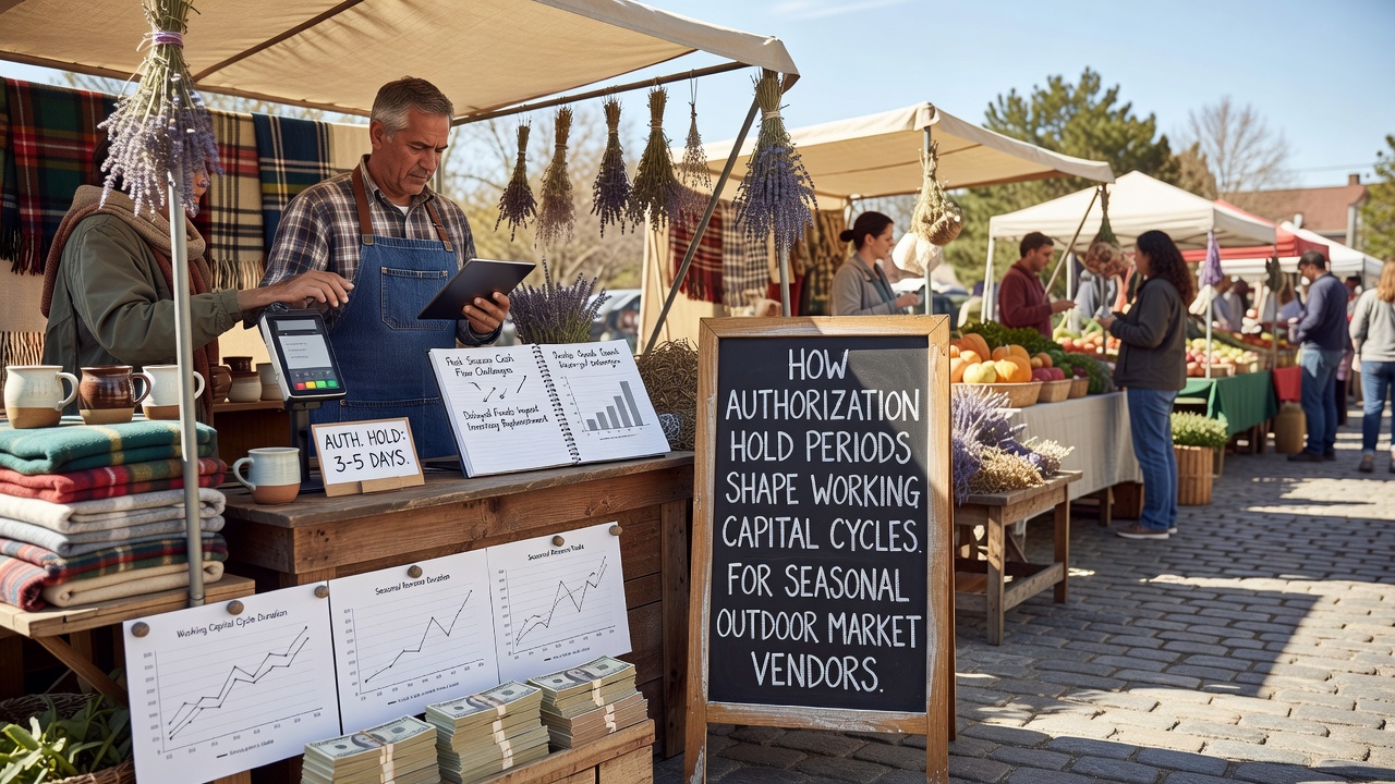 Seasonal outdoor market vendors processing card payments at busy stalls with visible transaction terminals