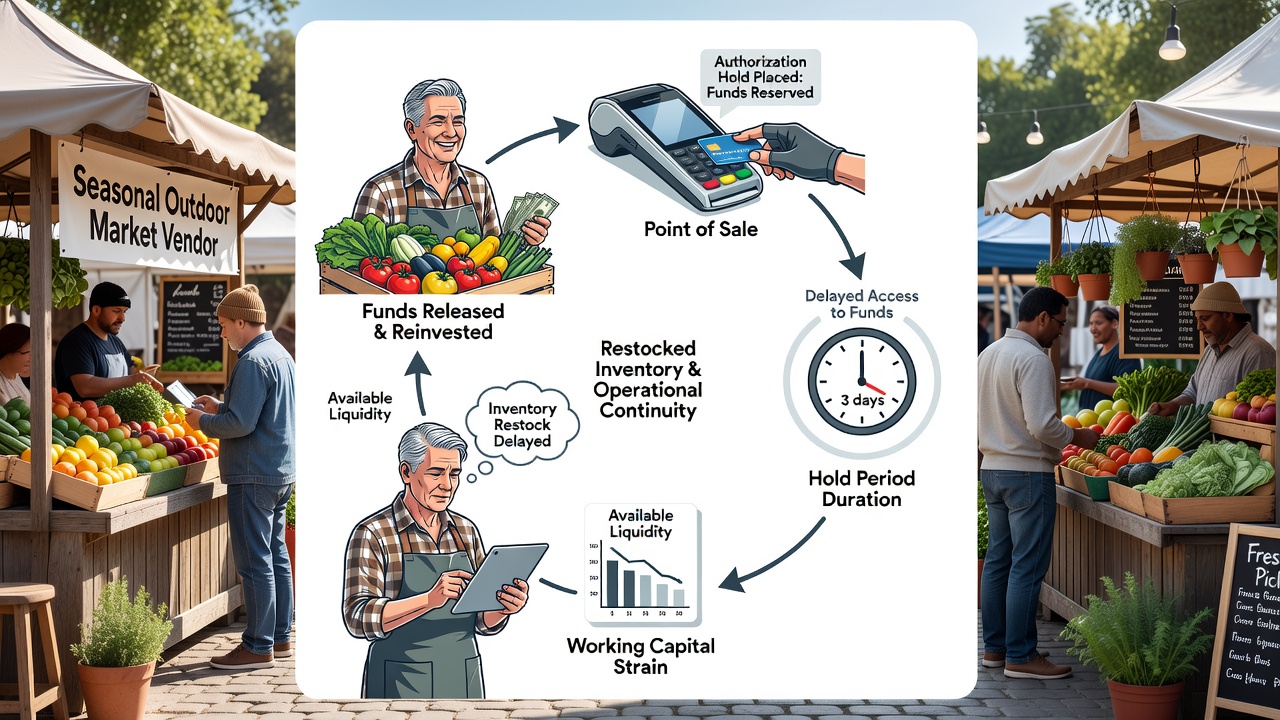 Vendor at an outdoor market checking tablet for transaction status while customers browse nearby stalls