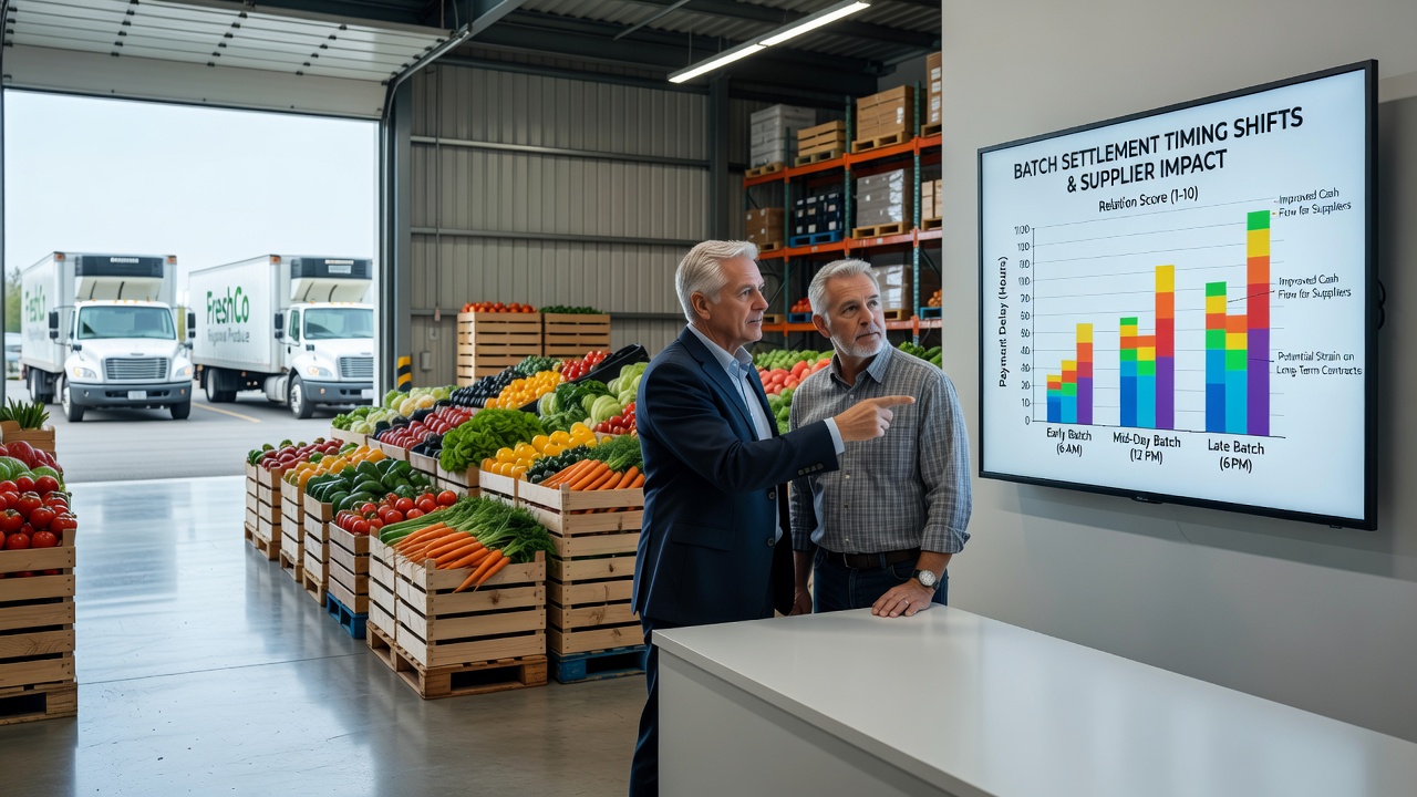 Produce suppliers reviewing delivery schedules and payment ledgers inside a warehouse office
