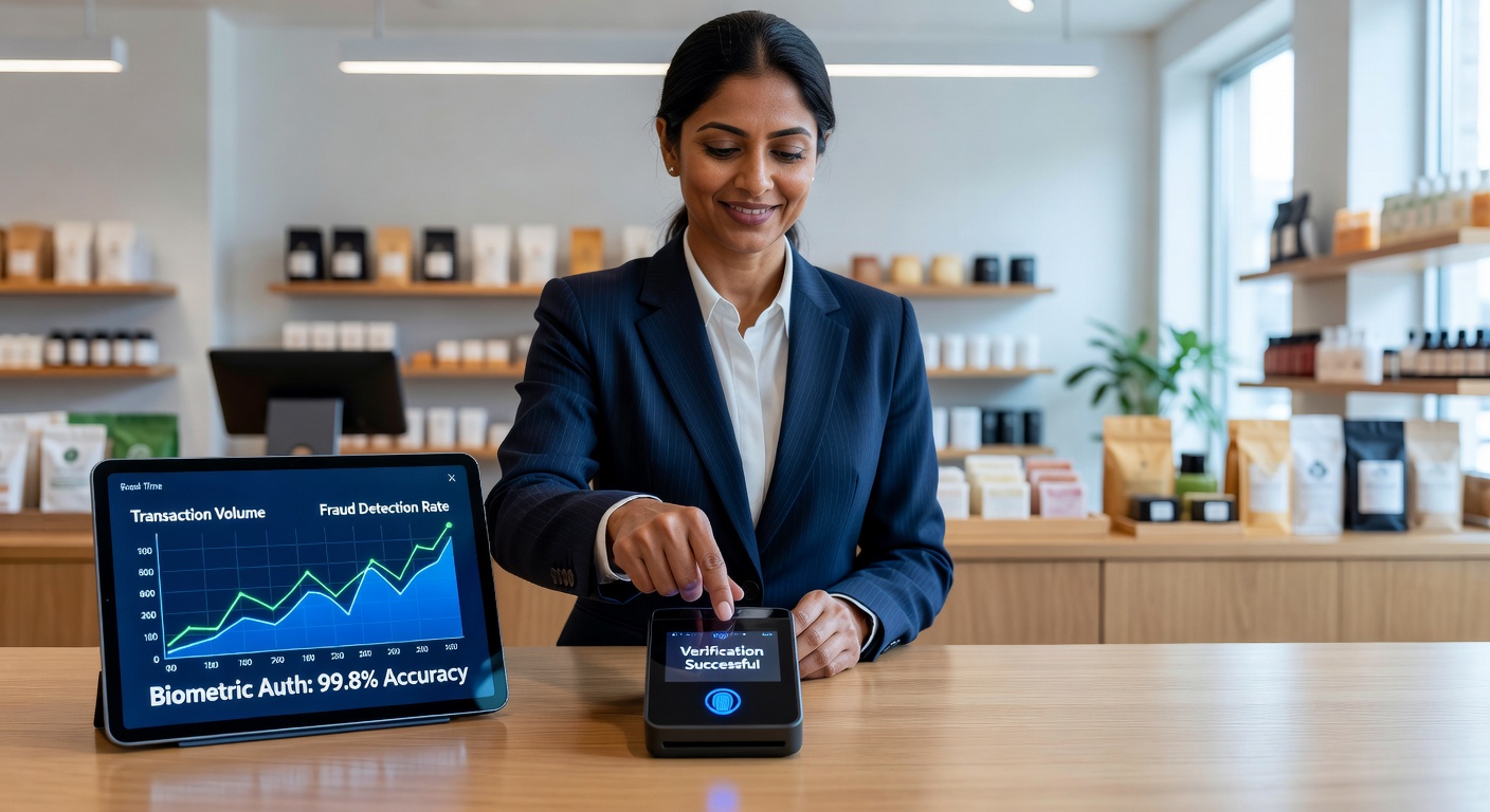 Small business owner using biometric authentication on a mobile device for secure digital payments