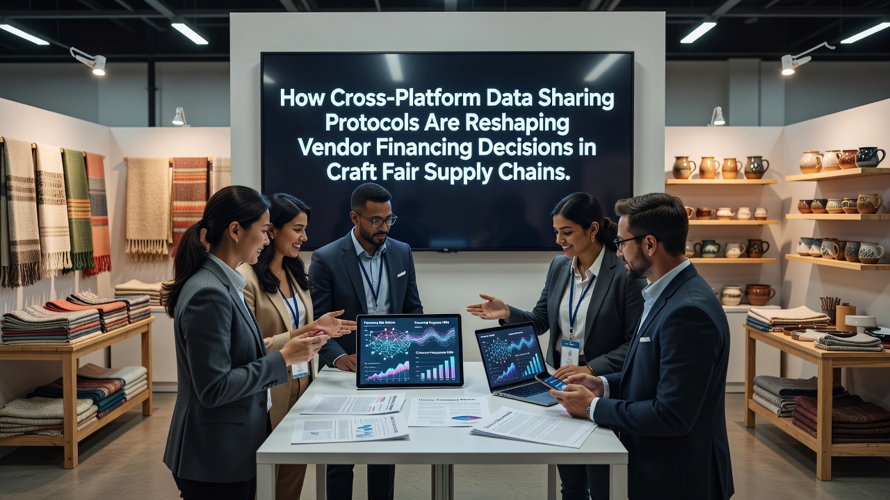 Data exchange interfaces displaying shared supply chain metrics between craft vendors, material suppliers, and financing institutions