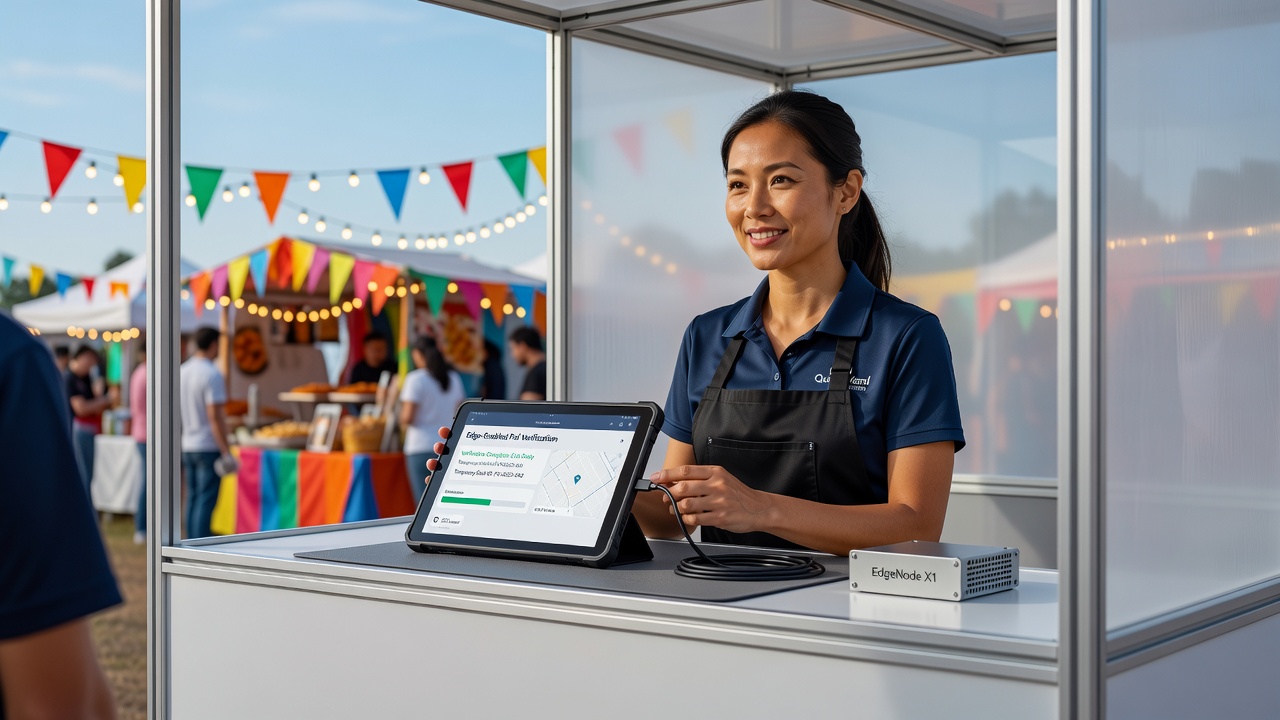 Edge computing node setup supporting multiple festival vendor stalls with mobile POS terminals