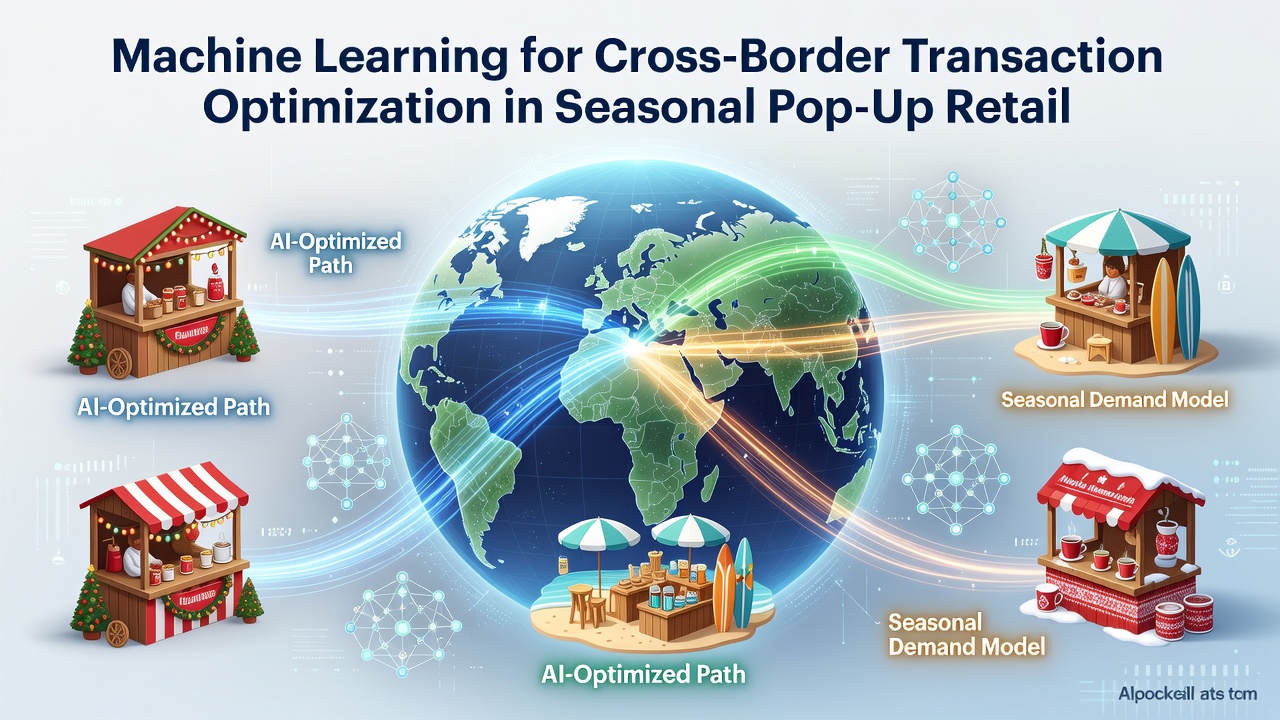 Machine learning dashboard displaying real-time transaction routing paths for seasonal pop-up shops across multiple countries