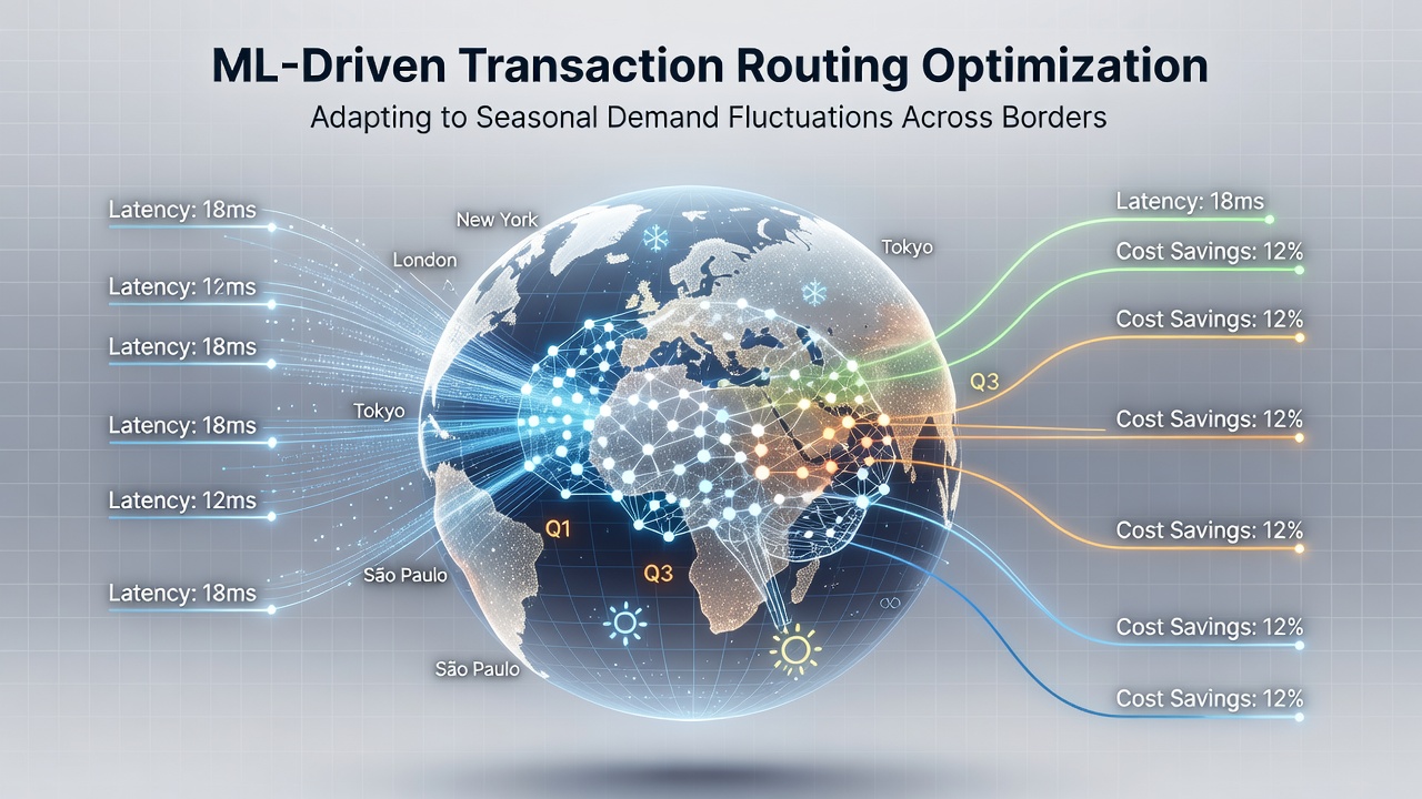 Global map visualization showing optimized payment routes connecting seasonal pop-up locations in Europe, Asia, and North America