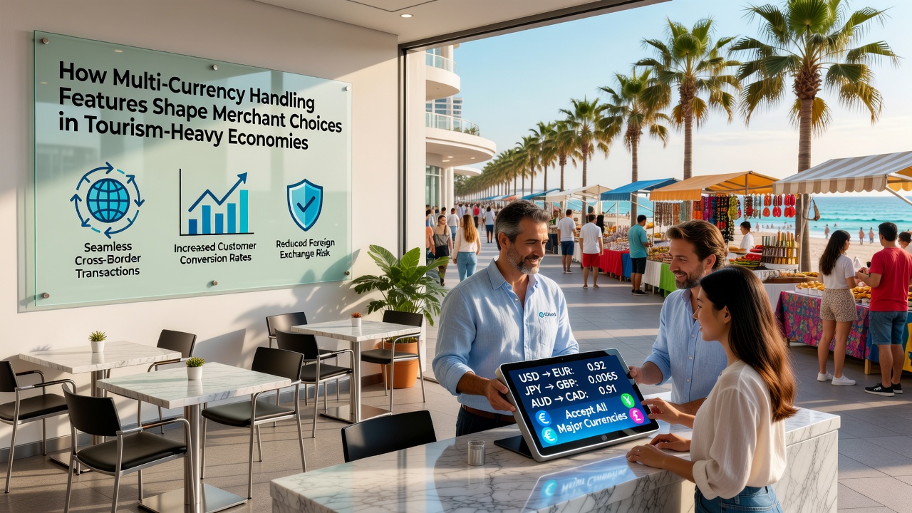 Tourism merchants in a busy market discussing currency conversion tools with a payment specialist at an outdoor café