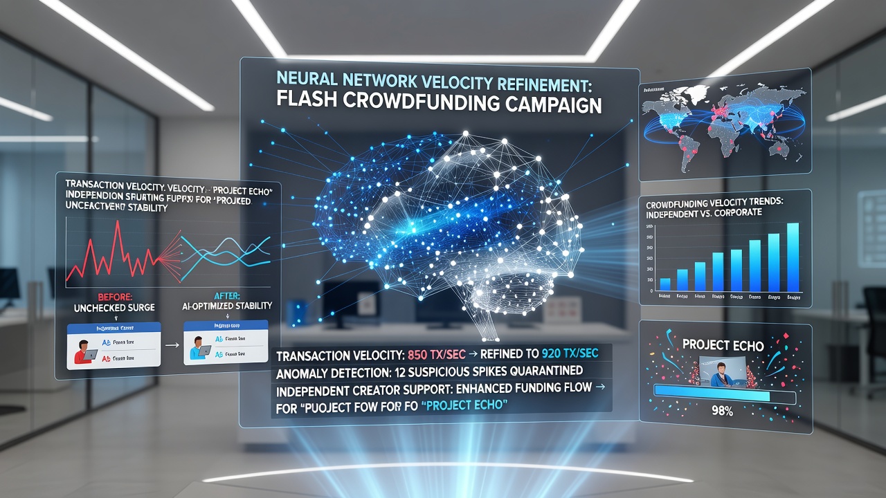 Dashboard showing real-time neural network adjustments for transaction velocity in crowdfunding