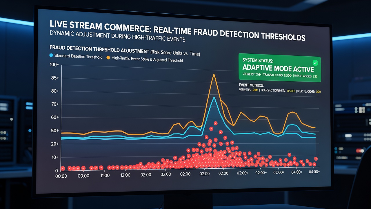 Dashboard displaying adaptive fraud thresholds and transaction velocity metrics on a live commerce platform