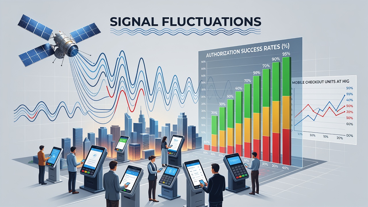 Mobile payment terminal displaying connection status amid changing weather conditions at elevation