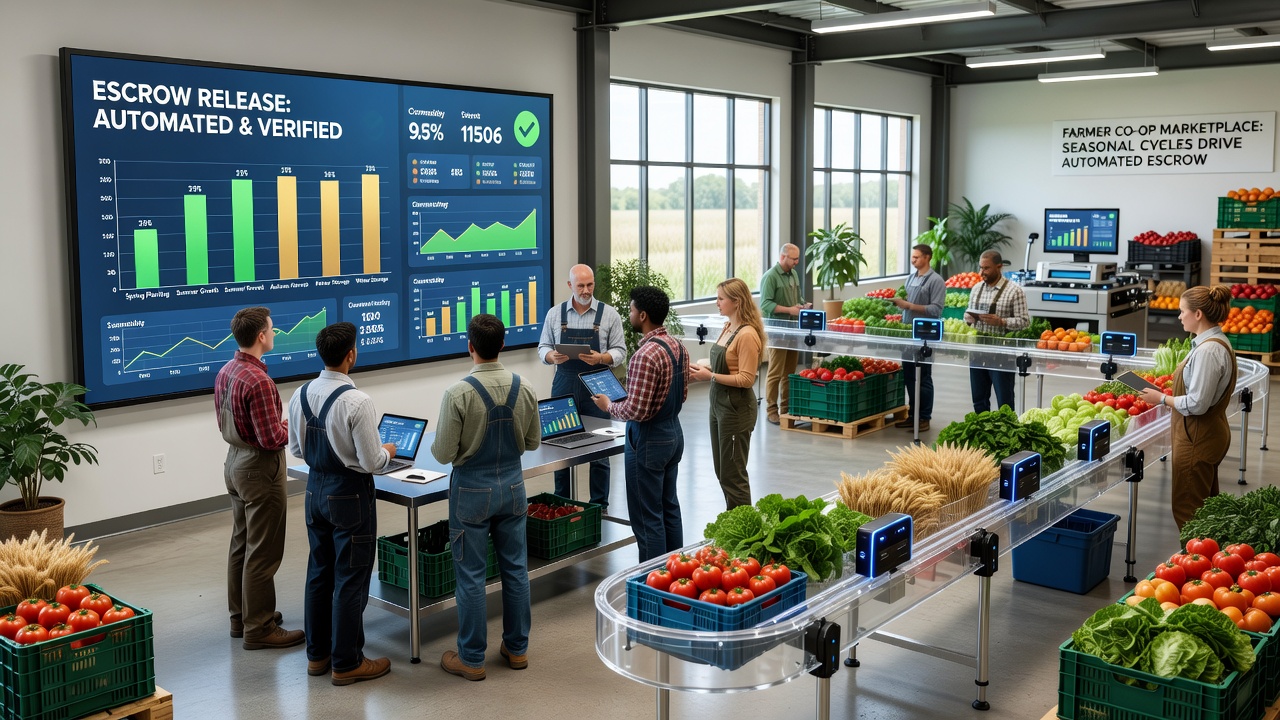 Automated escrow release process in a farmer cooperative marketplace with harvest verification