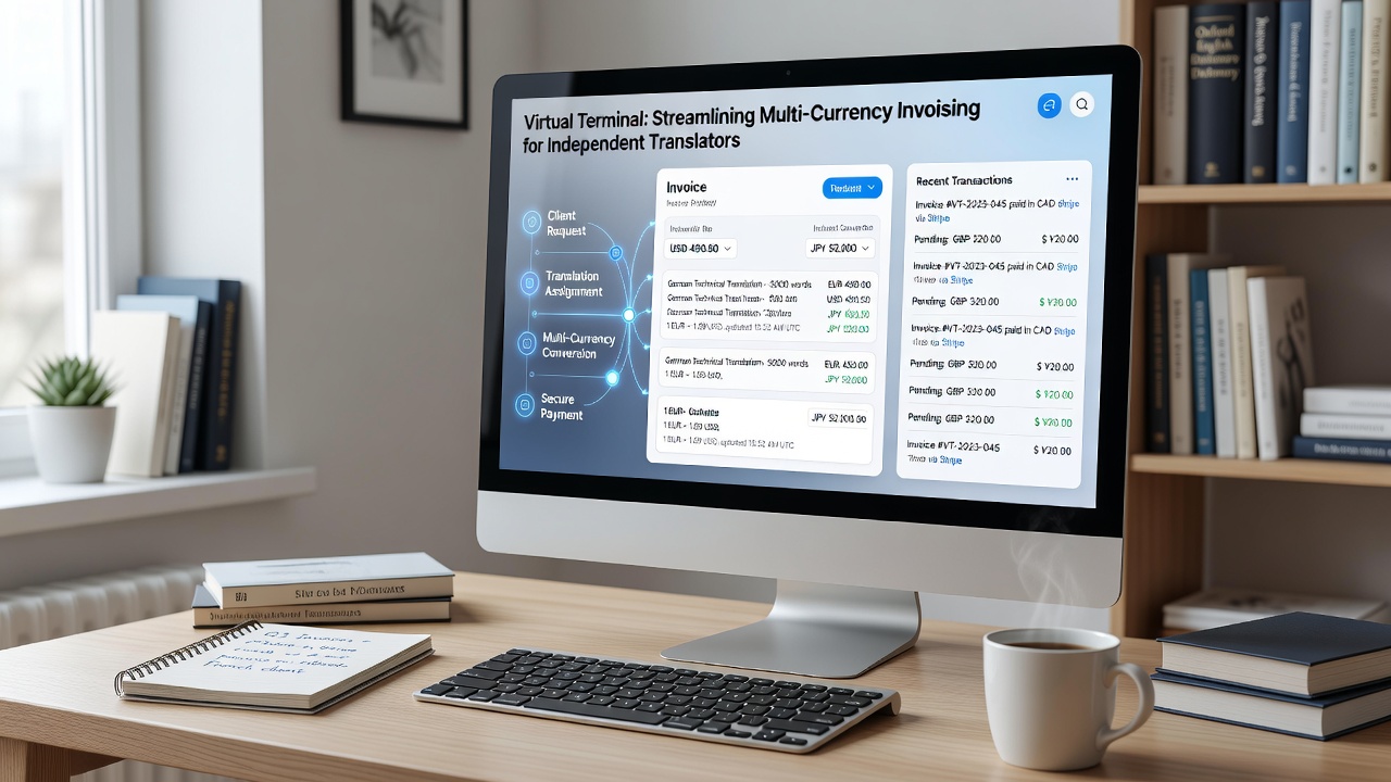 Translator reviewing multi-currency retainer invoice on a virtual terminal dashboard