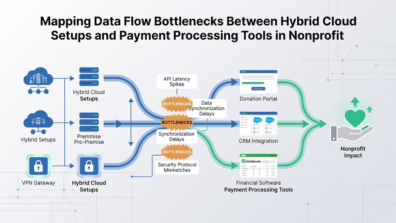 Network diagram showing payment data paths through hybrid cloud nodes in fundraising environments