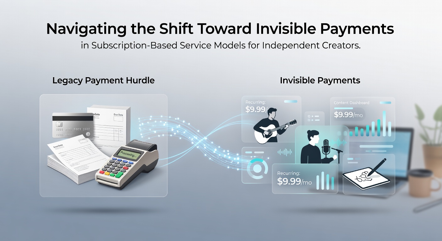 Illustration of seamless subscription flows for independent creators using invisible payment systems
