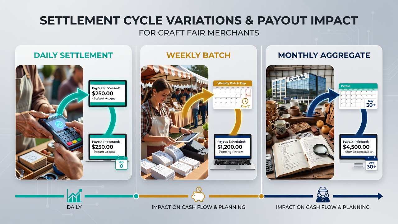 Craft fair merchant reviewing payout schedules on a tablet amid busy vendor stalls