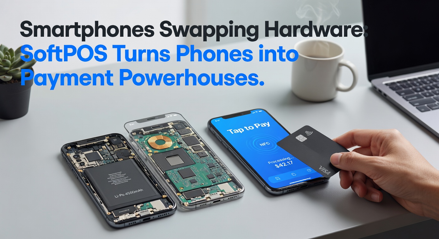 A smartphone displaying a SoftPOS payment interface, accepting a contactless card tap with NFC technology active