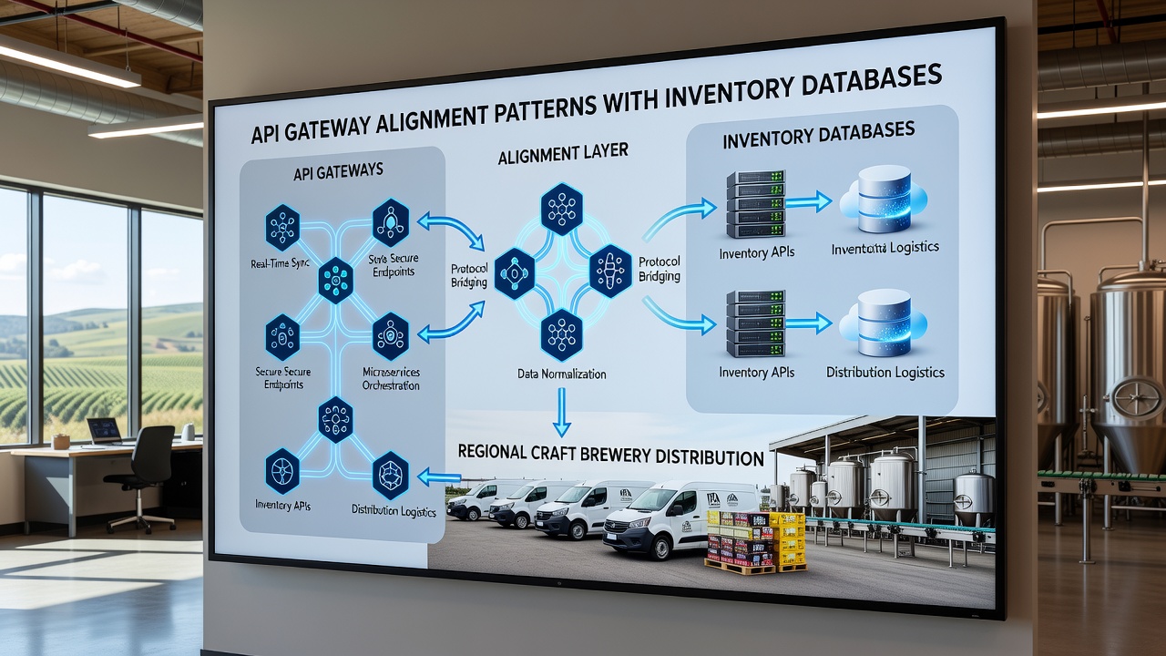 Data flow diagram showing API gateway connections to brewery inventory systems in a regional network