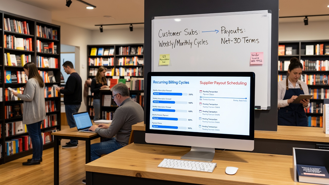 Supply chain managers at a bookstore coordinating recurring payments with distributor schedules ahead of peak holiday sales