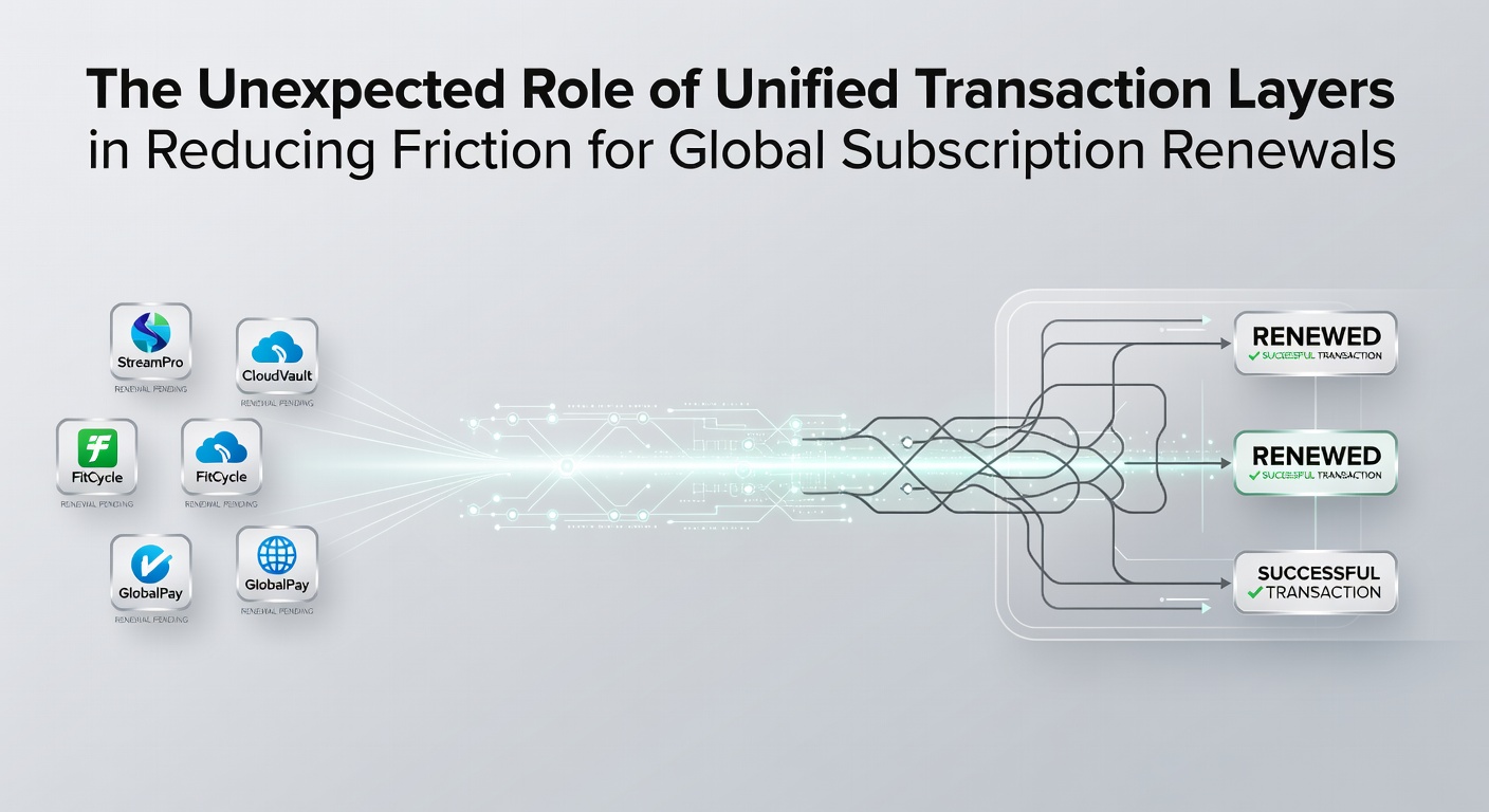 Diagram showing unified transaction layers connecting payment systems across borders for seamless subscription renewals