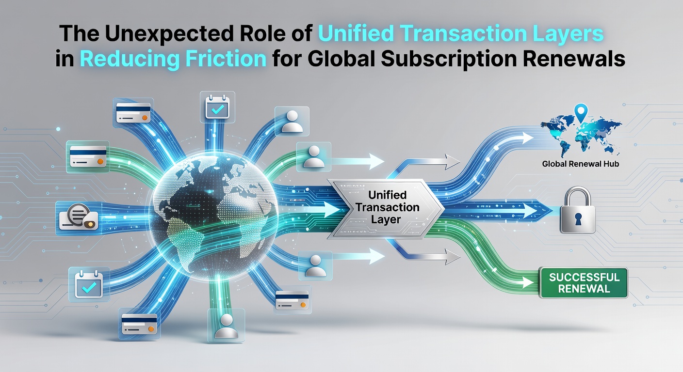 Flowchart illustrating reduced renewal friction through unified layers handling multiple currencies and payment methods