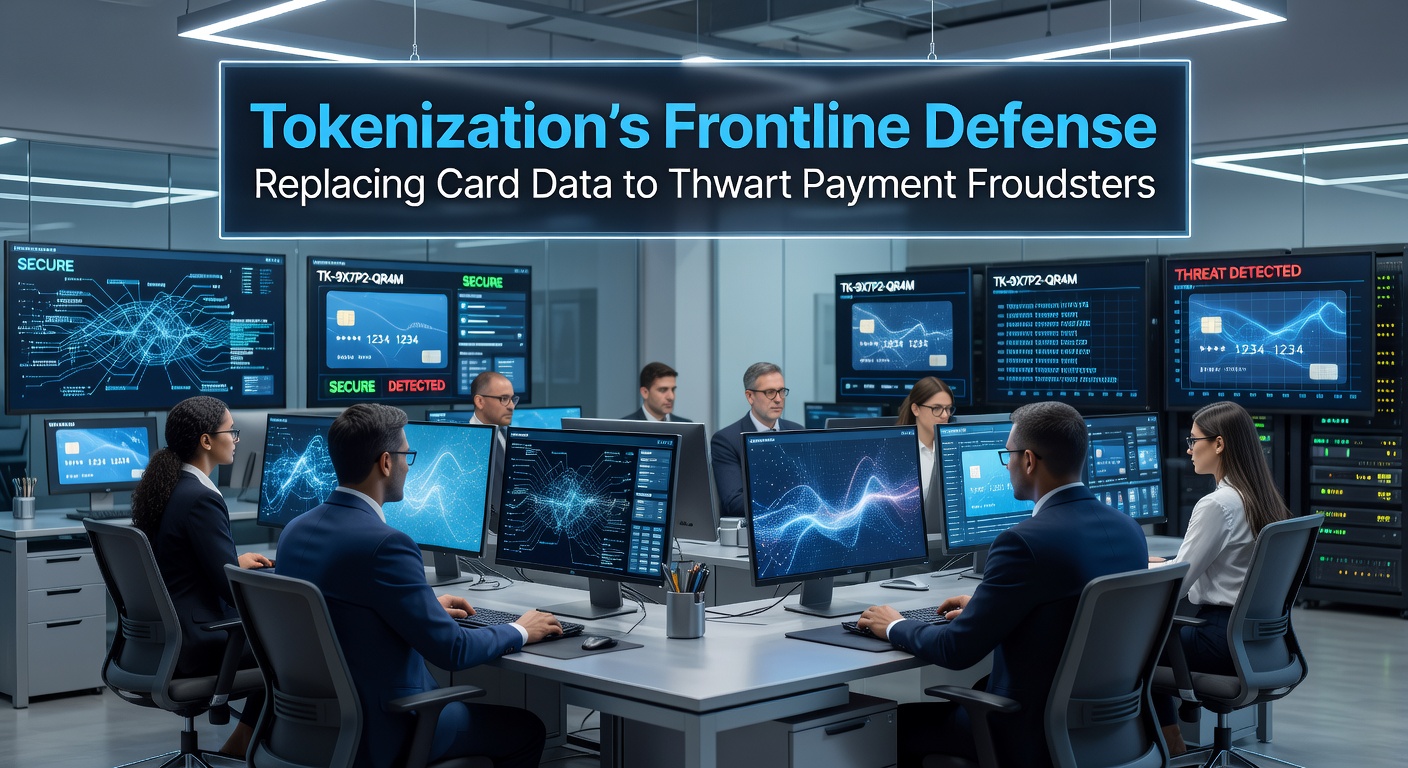 Illustration of a secure vault protecting tokenized payment data from cyber thieves, symbolizing fraud prevention in digital transactions