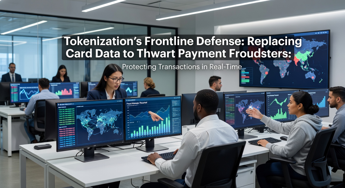 Diagram showing the tokenization process: card data enters a secure vault, emerges as a harmless token for transactions, blocking fraud paths