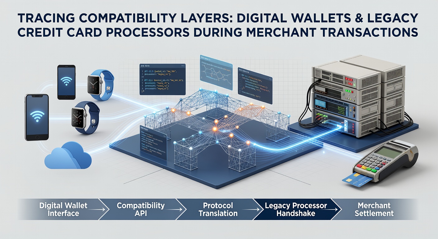 Merchant services upgrade process showing layered connections between modern wallets and legacy processors