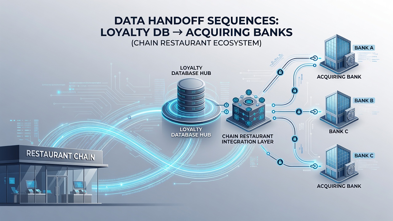 Flowchart illustrating parallel loyalty verification and bank authorization steps in restaurant payment networks