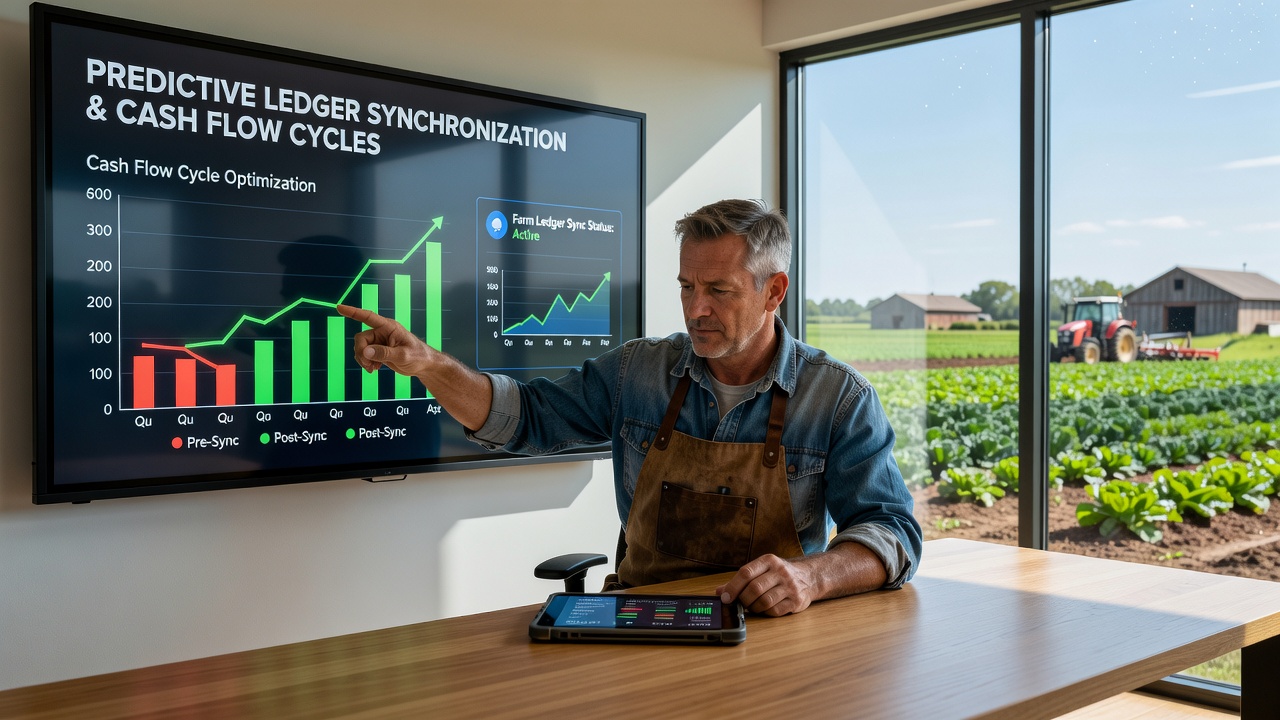 Vendors reviewing synchronized ledger data at a busy farmers market stall