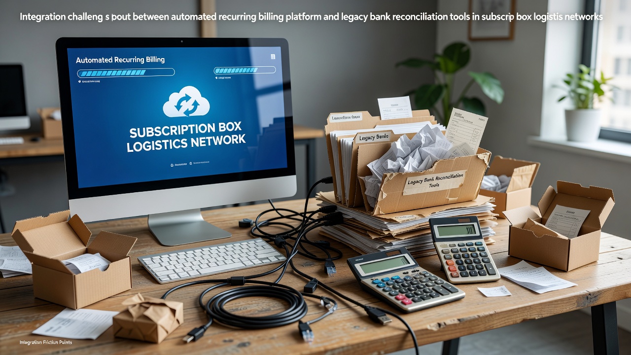 Integration diagram illustrating data flows between recurring billing systems and legacy bank reconciliation tools within subscription box supply chains